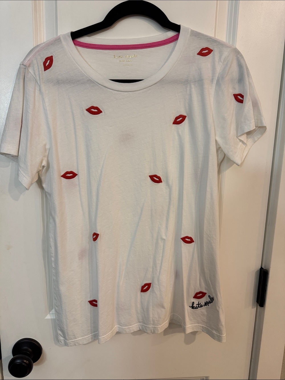 kate spade White Tee with Red Lip Embroidery